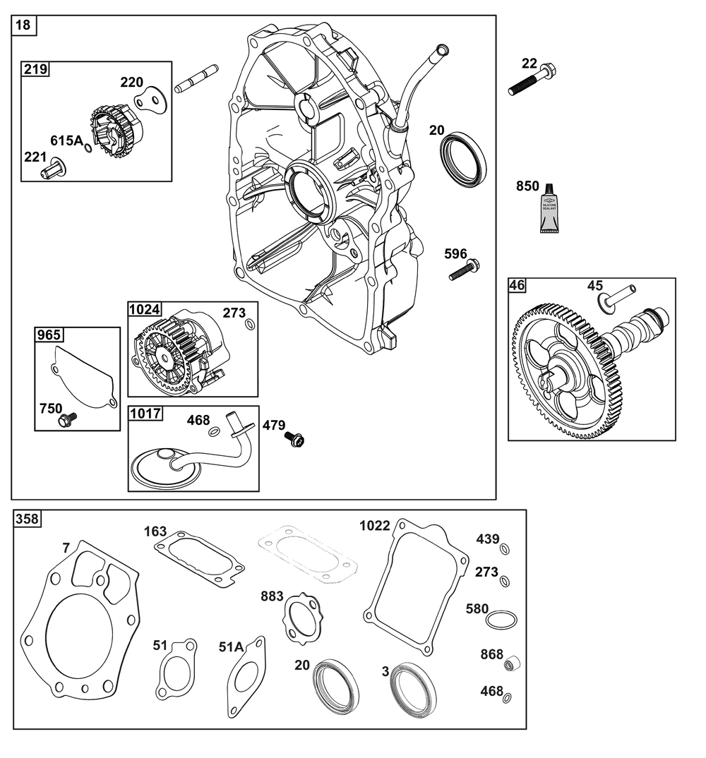 Crankcase Cover/Sump Group Diagram and Parts List for 61E377-0052-J1 400000 - 699999 Briggs and Stratton Engine